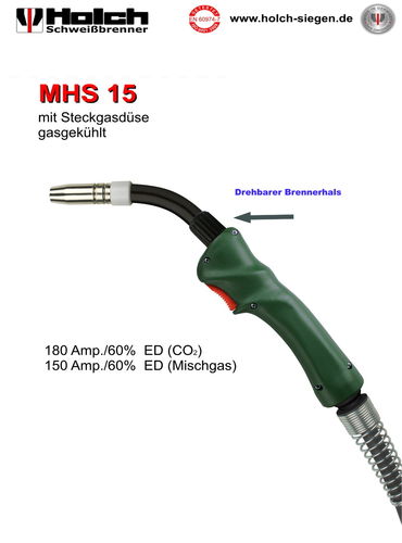 Holch MIG-MAG-Brenner MHS 15, mit drehbarem Brennerhals, Schlauchpaket